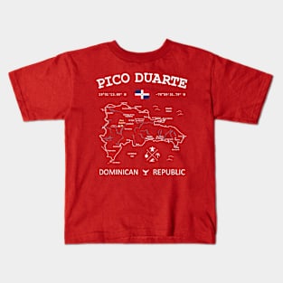 Dominican Republic Flag Travel Map Pico Duarte Coordinates Roads Rivers and Oceans White Kids T-Shirt